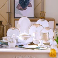 Luxury Bone China Hotel Plates Bowls and Pots Cutlery Set White and Gold Dinner Set Ceramic Plates with Ceramic Lid