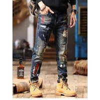 Tapered Jeans for Men Tight Pipe Washed Luxury Wide Leg Stacked Slim Fit Trousers Stylish Casual Kpop Xs Skinny Man Cowboy Pants