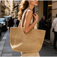 Solid Color French Retro Woven Tote Bag Brand Fashion High-end Shoulder Bag Summer Beach Vacation Travel Large Capacity Handbag