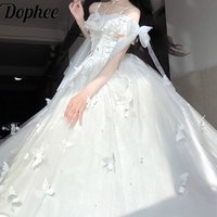 Dophee Original Spring Summer White Goddess Long Dress Strap Off Shoulder Beads Butterfly Elegant Ruffles Fairy Princess Dress