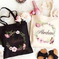 Printed Products - Customized Floral Butterfly Name Tote Bag, Personalized Gift for Bridesmaids, Custom Tote Bags