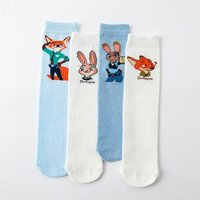 4 Pairs of Disney Blue and White Cartoon Zootopia Character Graffiti Women's Calf Socks Soft and Comfortable Daily Casual Socks
