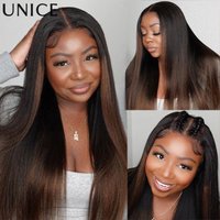 UNice Hair Drawstring Yaki Straight Wig Chestnut Brown Ombre 7x5 Lace Front Human Hair Wigs Pre Cut Pre Bleached Glueless Wig