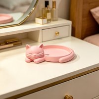1-Piece Pink Cat-Shaped Desktop Storage Tray for Jewelry, Earrings, Rings, Necklaces, Bracelets, Keys, Perfume, and Lipstick, Suitable for Entryway, Bedroom, Dressing Table, Bathroom, Sink, Office