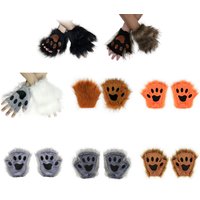 Wolf Paw Gloves Faux Fur Cat Fingerless Mittens Winter Warm Cosplay Halloween Fancy Party Costume Accessories