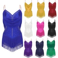 Women Latin Jazz Dance Leotard Dress Rhinestones Ruched Mesh Tassel Bodysuit for Cha-cha Samba Rumba Tango Gymnastics Skating