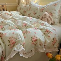 Washed Cotton Duvet Cover Sets Single/Queen/king Flower Printed Bedding Set Princess Style e housse de couette 220x240 with Lace
