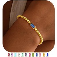 Dainty Birthstone Bracelet - Elastic 18K Gold Plated Stainless Steel Bead Bracelets Friendship Birthday Jewelry Gifts for Women