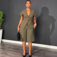 Doyerl Elegant Fashion Two Piece Set Woman Work Wear Office Lady Short Sleeve V-neck Top and Knee Length Shorts Matching Sets