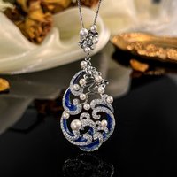 Luxurious Elegant Blue Enamel Gourd Pendant Necklace Pearl CZ Inlaid Vintage Ethnic Jewelry for Women Anniversary Gift