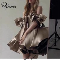 DTLumika Women's Champagne Off Shoulder Maxi Dress Big Bow Satin Puff Prom Dress, Mini Cocktail Dresses Date Club Dresses