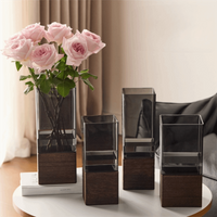 Nordic-Style Acrylic Flowers Vase Transparent Square/Round Light Luxury Vase Minimalism Wooden Base Decorative Vase