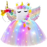 Led Light Unicorn Costumes for Girls Pastel Flowers Princess Dresses for Kids Birthday Christmas Outfit Child New Years Clothes
