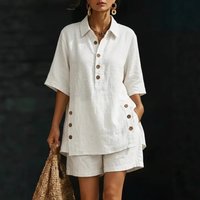 New 2026 Summer Women Half Sleeve Button Down Lapel Solid Shirt Tops + Loose Shorts Female Casual Two-piece Clothing Set