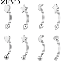 ZEMO 1 PC 16G Eyebrow Ring Stainless Steel Heart Moon Star Bridge Piercing Curved Barbell Earrings Lip Cartilage Piercing 8/10MM