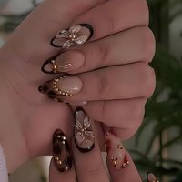 Elevate Your Style with, 24pcs/set Long almond Press on nails tips French Acrylic Fake Nail,Embellished with gold steel beads,Fi