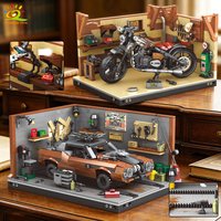 HUIQIBAO MOC Racing Sports Car With Car Park Display Case Building Block Set City Vehicle Racing Truck Model Bricks Kit Ornament