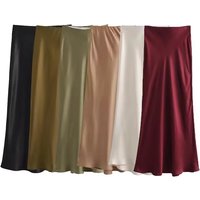 Women's Soft Touch Silk-Like Midi Skirt High Waist Elastic Waistband Chic Fashion Female Skirts Elegant Mujer