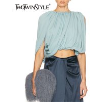 TWOTWINSTYLE Temperament Spliced Folds Shirts for Women Round Neck One Shoulder Loose Solid Irrgular Blouse Female Fashion 2026