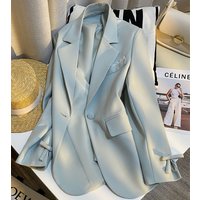 Women Black Oversized Blazer with Cuff Bow Knot Detail & Lace Pocket Trim, Single Button Notched Lapel Casual Office Suit Jacket