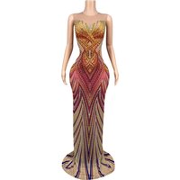 Women Sparkly Rhinestone Mesh Evening Gown Gala Prom Elegant Formal Sparkly Crystals High-end Sexy Red Long Dress Stage Wear