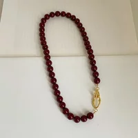 Minar French Dark Red Agate Natural Stone Strand Beaded Necklace for Women Gold Plated Chain Double Toggle Clasp Circle Chokers