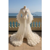 White Luxury Woman Prom Dress For Photoshoot Tulle Sexy V Neck 3D Flower Bridal Morning Robes Night Gown Sleepwear Customized
