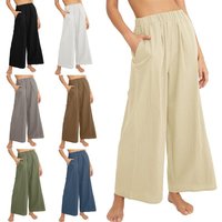 Women's Solid Color Comfortable Casual Hundred Lazy Style Wide Leg Pants with Pockets High Waisted Loose Seven Pants