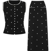 26136 Summer New High Quality Women's Fashion Small Pearl Round Neck Sleeveless T-Shirt Top Knitted Shirt+Half Skirt Set
