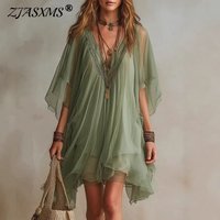 2026 Summer Boho Beach Cover Up Dress Women V Neck Batwing Sleeve Loose Mini Dress Spring Casual Solid Flowy Holiday Dress Mujer