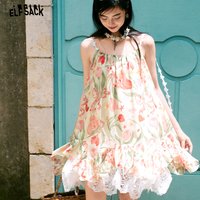 ELFSACK Floral Print Cami Dress with Lace Trim, Asymmetric Hem A-Line Dress with Ribbon Straps, Lightweight Summer Dress