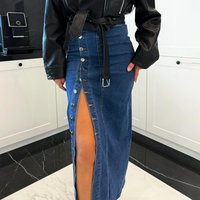 Summer Women Denim Skirt High Waist Buttons Placket Solid Color Midi Skirt Irregular Slit Design Mid-calf Length Skirt