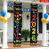 2D 2Pcs Spanish Class of 2026 Graduation Banners, "FELIZ GRADUACION" Colorful Cartoon Porch Signs, Polyester Hanging Decor