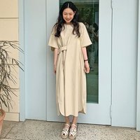 Chic Minimalist round Neck Oversized Knee-Length Shirt Dress Women's Side Waist Belt Long Dress City Walk Other Material 100%