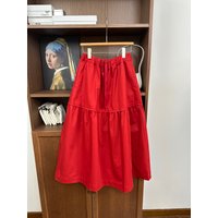 New red pure cotton long skirt elegant pleats patchwork hem drawstring elastic waist skirt autumn clothing women's fashionable