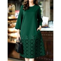 ZANZEA Women Stylish Lace Patchwork Dress 2025 Autumn Sundress Elegant O Neck Long Sleeve Dresses Stylish Party Work Midi Robe