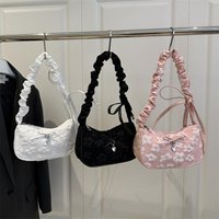 Bow Floral Print Pleated Crescent Bag Women Sweet Shoulder Crossbody Bag Fashion Commuter Handbag