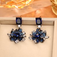 Fashionable and exquisite heavy industry blue full zirconium flower earrings niche light luxury elegant design earrings earrings
