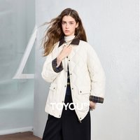 TOYOUTH Women Color‑Contrast Corduroy Collar Down Jacket 2026 Winter New Cargo Pocket Spliced Plaid Coat