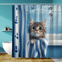 1 Cute Kitten and Nautical Anchor Shower Curtain, Blue and White Stripes, Great for Bathroom Decor, Suitable for All Seasons