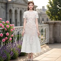 Elegant White Lace Floral Embroidery Large Size Dress Elegant Walk Show Off-Shoulder Short Sleeve Long Dress for Women