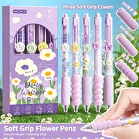 5Pcs Daisy Garden Gel Pens, Retractable Black Ink 0.5mm with Rose Clips & Soft Grips for School Office