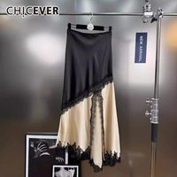 CHICEVER Hit Color Sexy Patchwork Lace Hollow Skirts For Women High Waist Split Temperament Asymmetrical Midi Skirt Female Style