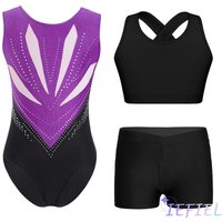 Girls Gymnastics Dance Outfit Sleeveless Sparkly Rhinestones Leotard with Cross Back Keyhole Vest And V-front Waistband Shorts