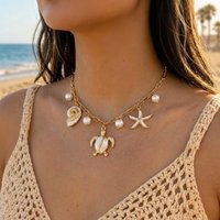 Stainless Steel White Enamel Starfish Turtle Conch Pendant Necklace for Women Elegant Imitation Pearl Choker Beach Party Jewelry