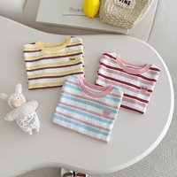 2026 Summer Kids Girls Striped Short Sleeve T-shirt Heart Embroidery Crew Neck Tee for Children Fashion Daily Tops