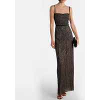 Fold Black Sequin Spaghetti Strap Maxi Dress High Waist Slim Fit Formal Evening Party Gown for Women Cocktail Wedding Guest Long