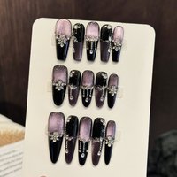 10pcs Black Purple French Style Handmade Fake Nail Light Luxury Violet Cat's Eyes False Nails Shiny Rhinestone Press On Nail