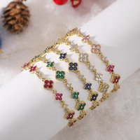 HECHENG,Four-Leaf Clover Multi-Color CZ Stone Pendant Chain Bracelet with Hook Clasp Design Women's Exquisite Minimalist Jewelry