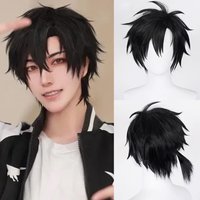 Synthetic Short Black Straight Wig with Bangs for Men and Women Daily Cosplay Anime Halloween Party Realistic Fake Hair